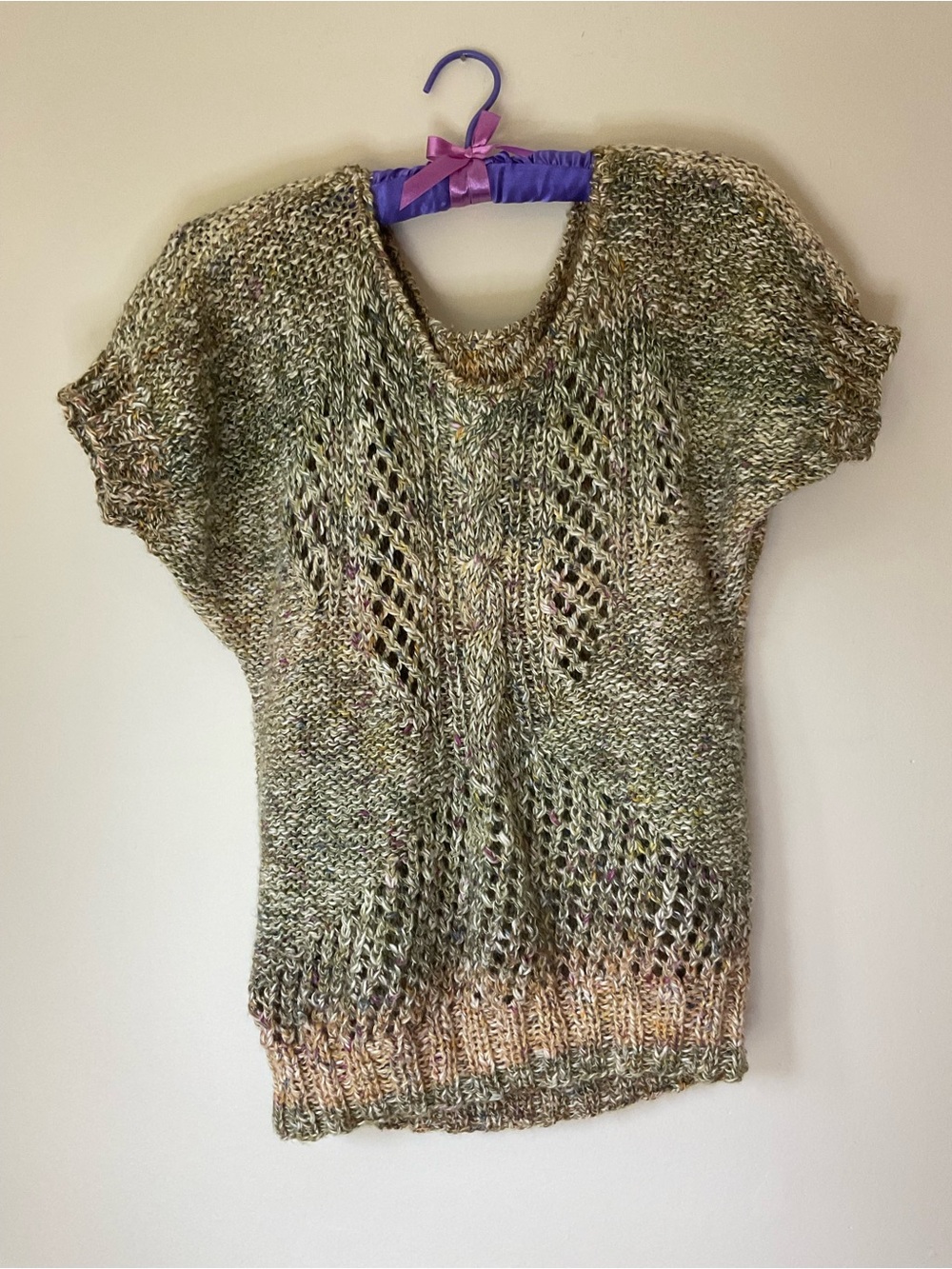 Handknit Light Olive Open-Knit Short Sleeve Sweater - Unbranded